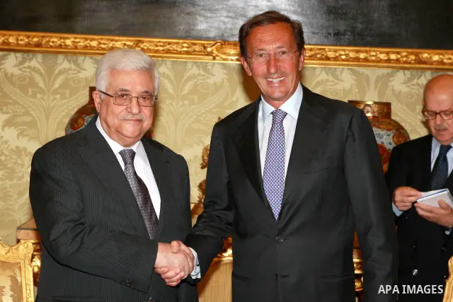 Palestinian President, Mahmoud Abbas (Abu Mazen) meets with the President of the Italian Parliament Gianfranco Fini in Rome on July 17, 2012. Photo by Thaer Ghanaim
