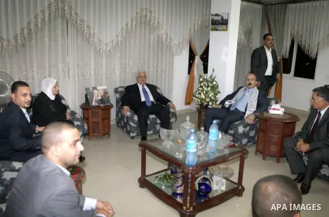 Palestinian President Mahmoud Abbas (Abu Mazen) visits home Martyr Qaddura Musa in the West Bank city of Jenin on July 28, 2012. Photo by Thaer Ganaim