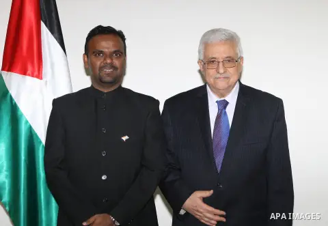 Palestinian President Mahmoud Abbas (Abu Mazen) accepts the credentials of the representative of India for the Palestinian National Authority, in the West Bank city of Ramallah, on July 30, 2012. Photo by Thaer Ganaim