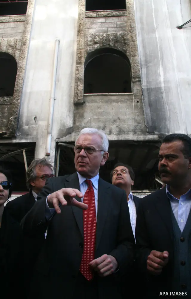 European Union (EU) Parliament President Hans-Gert Poettering inspects the damage of al-Quds hospital in Gaza city on February 23, 2009. A delegation of the European parliament, led by its president Hans Gert Poettering,...