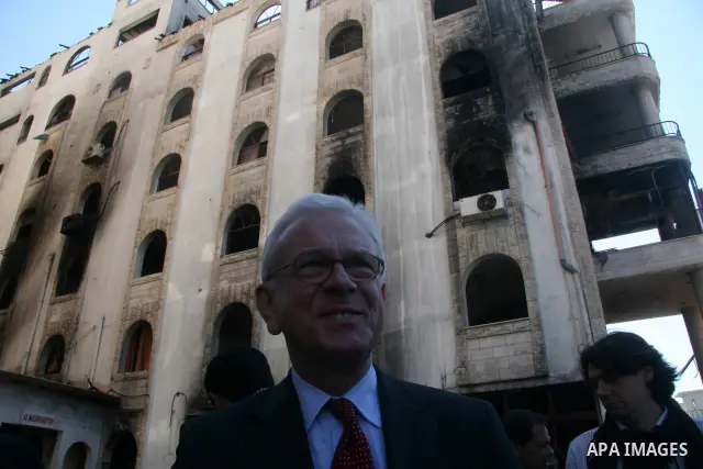 European Union (EU) Parliament President Hans-Gert Poettering inspects the damage of al-Quds hospital in Gaza city on February 23, 2009. A delegation of the European parliament, led by its president Hans Gert Poettering,...