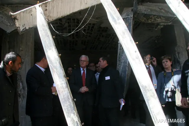 European Union (EU) Parliament President Hans-Gert Poettering (C) tours the damaged al-Quds hospital in Gaza City on February 23, 2009. A delegation of the European parliament, led by its president Hans Gert Poettering,...