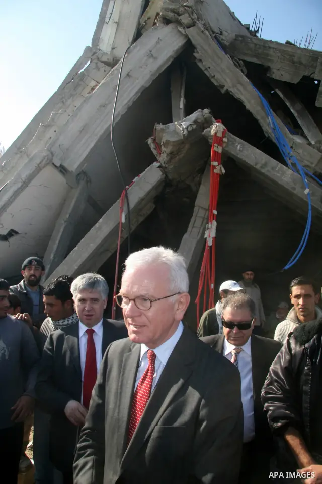 European Union (EU) Parliament President Hans-Gert Poettering inspects the damage of al-Quds hospital in Gaza city on February 23, 2009. A delegation of the European parliament, led by its president Hans Gert Poettering,...