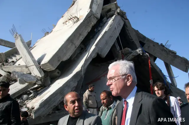 European Union (EU) Parliament President Hans-Gert Poettering inspects the damage of al-Quds hospital in Gaza city on February 23, 2009. A delegation of the European parliament, led by its president Hans Gert Poettering,...