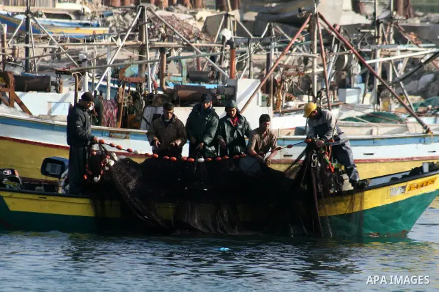 Palestinian fishermen collect their catch of fish off the coast of Gaza City on February 26, 2009. APAIMAGES PHOTO / Ashraf Amra