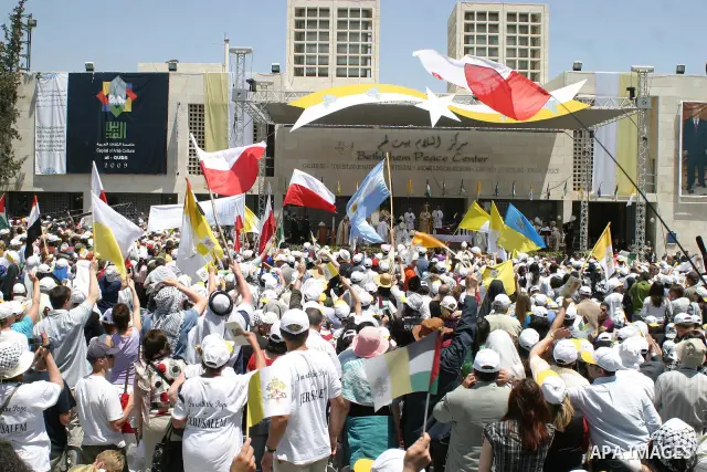 Pope Benedict XVI celebrates a Holy Mass in Manger Square May 13, 2009 in Bethlehem, West Bank. During his visit marred by controversy over his wartime past as a member of the Nazi's Hitler Youth, the Pontiff called for...