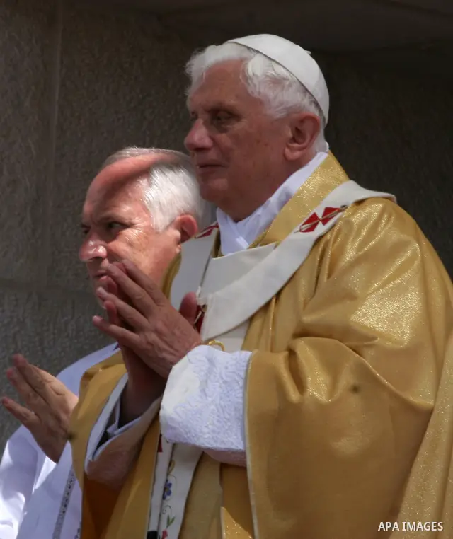 Pope Benedict XVI celebrates a Holy Mass in Manger Square May 13, 2009 in Bethlehem, West Bank. During his visit marred by controversy over his wartime past as a member of the Nazi's Hitler Youth, the Pontiff called for...