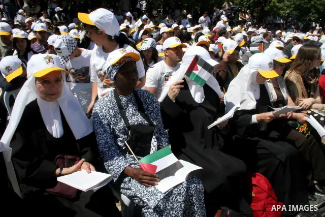 Pope Benedict XVI celebrates a Holy Mass in Manger Square May 13, 2009 in Bethlehem, West Bank. During his visit marred by controversy over his wartime past as a member of the Nazi's Hitler Youth, the Pontiff called for...