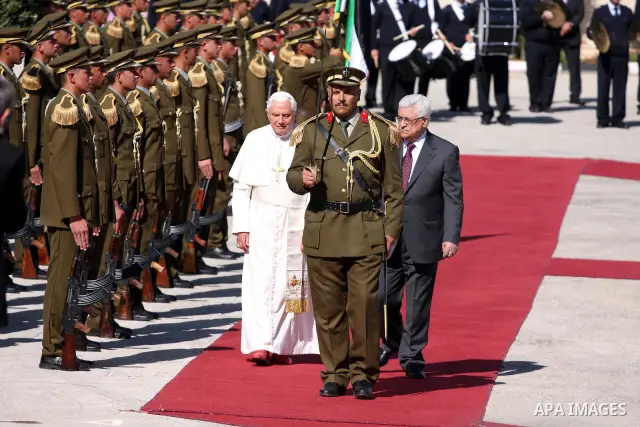 Pope Benedict XVI celebrates a Holy Mass in Manger Square May 13, 2009 in Bethlehem, West Bank. During his visit marred by controversy over his wartime past as a member of the Nazi's Hitler Youth, the Pontiff called for...
