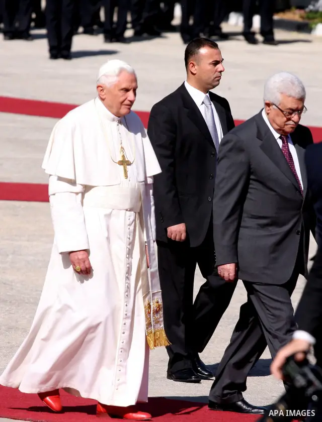 Pope Benedict XVI celebrates a Holy Mass in Manger Square May 13, 2009 in Bethlehem, West Bank. During his visit marred by controversy over his wartime past as a member of the Nazi's Hitler Youth, the Pontiff called for...