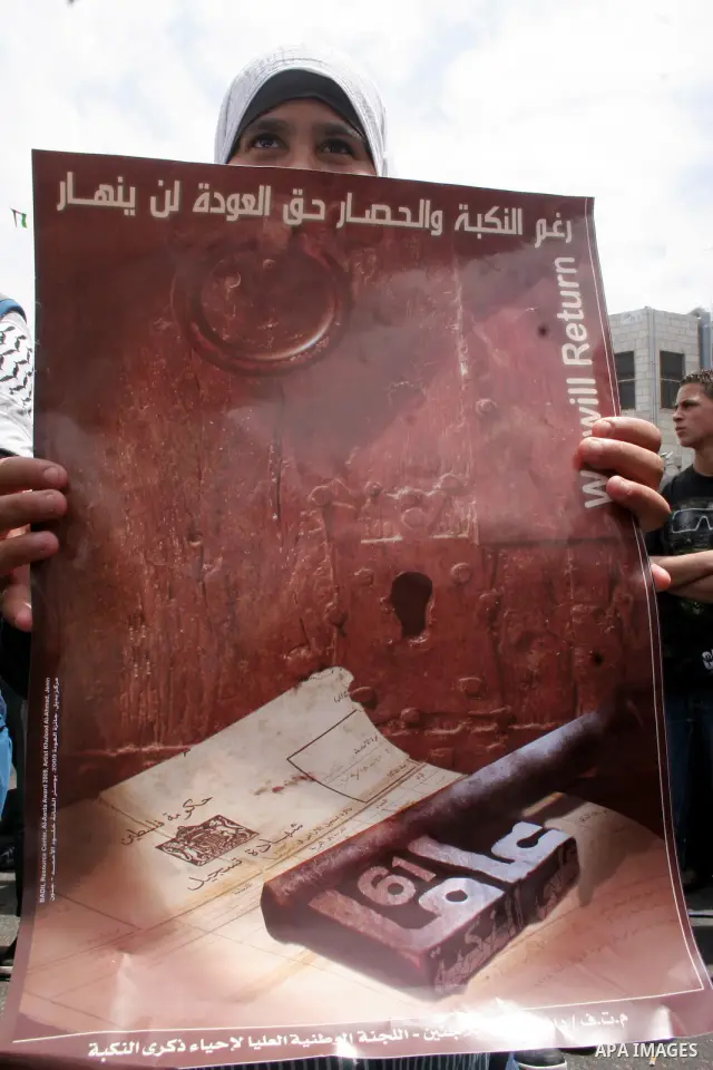 Palestinians attend a rally marking the 61st anniversary of the "Naqba" (catastrophe) in the West Bank city of Ramallah on May 14, 2009.APAIMAGES PHOTO /Issam Rimawi