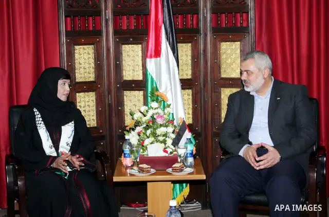 Palestinian Prime Minister Ismail Haniyeh meets Sheikha Hessa bint Khalifa bin Ahmed Al Thani. in Gaza City. PHOTO/Muhammad Alostaz