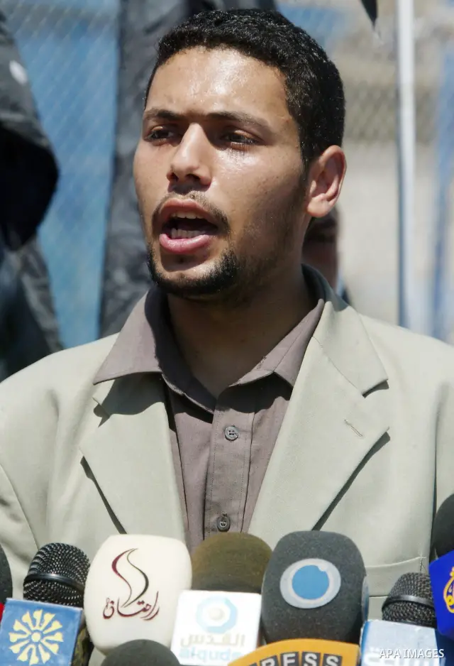 Abu Mgahed the spokesman of the Popular Resistance Committees speak to media during a protest against the closure of the Rafah crossing point between Egypt and southern Gaza Strip and the Israeli blockade on the territor...