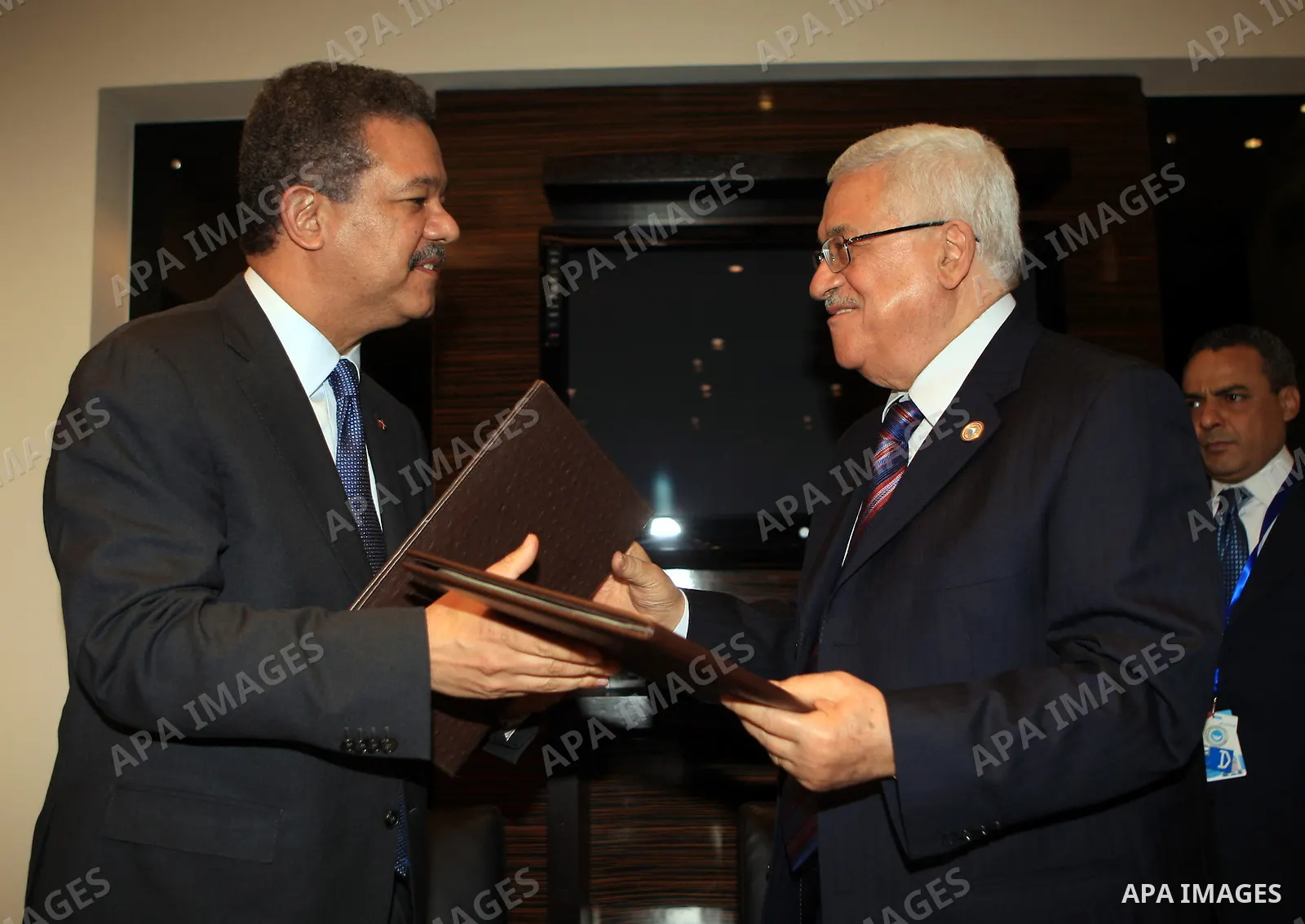 Palestinian President Mahmoud Abbas meets with Dominican Republic President Leonel Fernandez Reyna on the fringe of Non-Aligned Movement summit in the Red Sea resort of Sharm El-Sheikh in Egypt on July 15, 2009. Photo by...