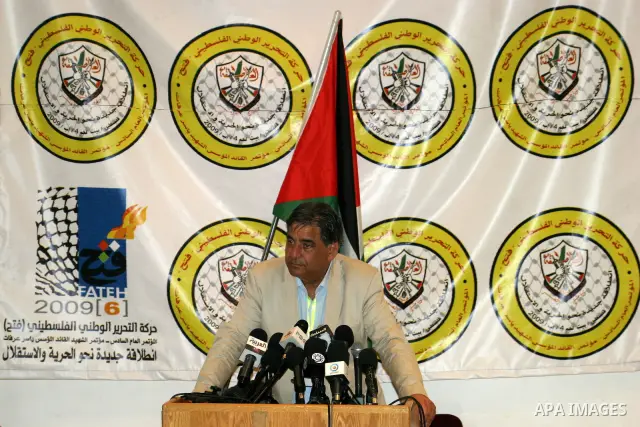 Nabil Amr speaks to the media on behalf of the Sixth Conference of the Fatah movement, during a news conference in the West Bank town of Bethlehem August 9, 2009. Photo by Najeh Hashlamoun