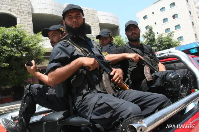 A hamas security officers patrol in Gaza City on Aug 10, 2009. Photo By Mohammed Asad