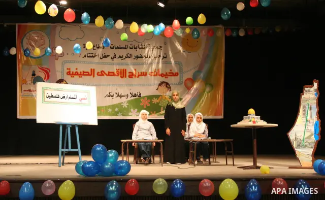 Palestinian girls perform during a summer camp in Gaza city on Aug 10, 2009. Photo By Mohammed Asad
