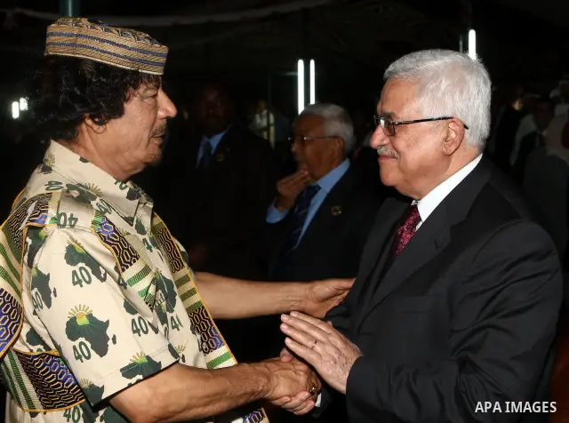 Palestinian President Mahmoud Abbas (Abu Mazen) during a meeting with Libyan leader Muammar Gaddafi in Tripoli on Aug 31,2009 photo by - Thaer Ganaim