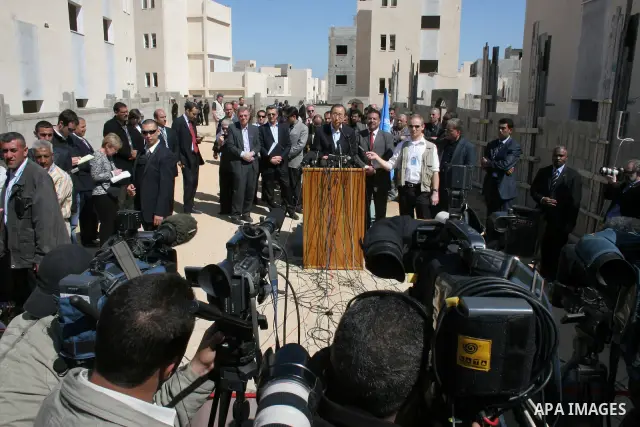 UN Secretary General Ban Ki-moon a talks to the media a in the town of Khan Younis in southern Gaza Strip on March 21, 2010. Ban crossed into Gaza in the morning, expressing solidarity with the plight of the Palestinians...