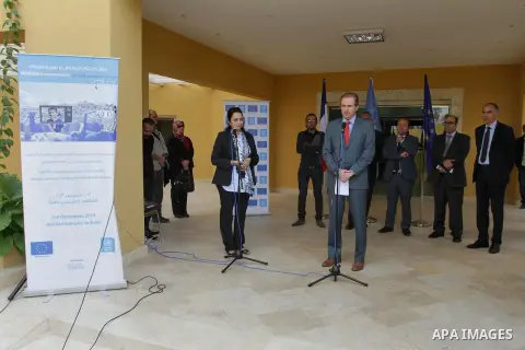 UNRWA's Director of Operations in the Gaza Strip Robert Turner, speaks during the ceremony of the photos and films competitions organised by UNRWA, in Gaza City on Dec. 03, 2013. The United Nations Relief and Works Agenc...