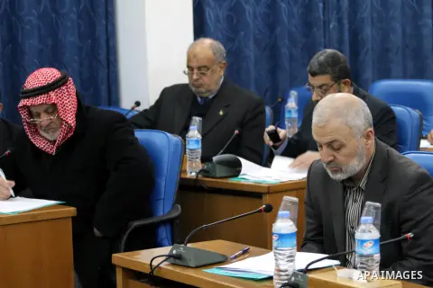 Members of the Palestinian Legislative Council in Gaza Strip hold a hearing discusses the Prawer Plan at the Palestinian Legislative Council, in Gaza City on January 28, 2014. The Prawer Plan bill calls for the relocatio...