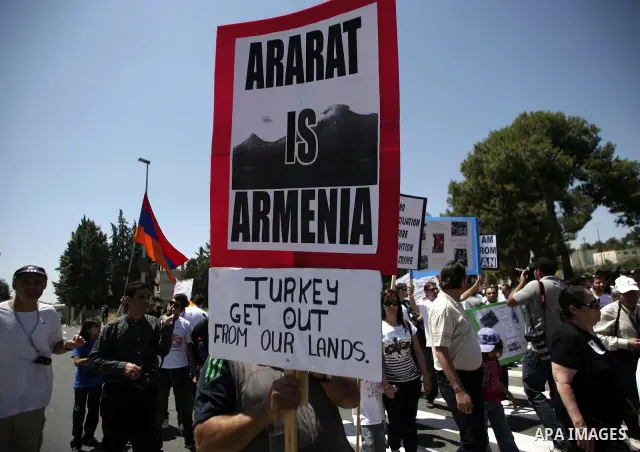 Members of the Armenian community in Jerusalem rally outside the Turkish consulate in Jerusalem on April 24, 2010 to mark the 95th anniversary of mass killings of Amernians under the Ottoman Empire. Armenians say up to 1...