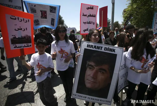 Members of the Armenian community in Jerusalem rally outside the Turkish consulate in Jerusalem on April 24, 2010 to mark the 95th anniversary of mass killings of Amernians under the Ottoman Empire. Armenians say up to 1...