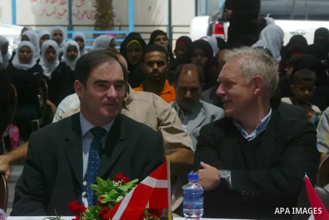 Lars Adam Rehof , Chief of Mission of Denmark in Ramallah and a Danish diplomatic delegation upon their arrival to the UN-run school in Khan Yunis, southern Gaza Strip, on May 20, 2010. The delegation arrived in the Gaza...