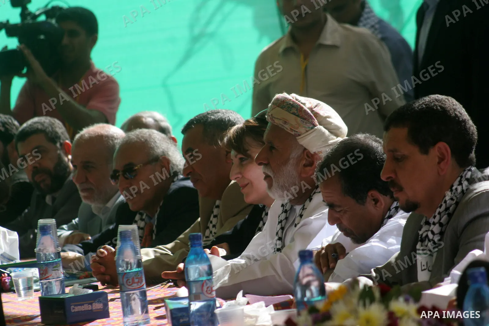 Members of an Arab Parliament delegation meet with Palestinian Parliament members at the legislative council building in Gaza city on June 6, 2010. An Arab parliamentary delegation arrived in Gaza in support of Palestini...