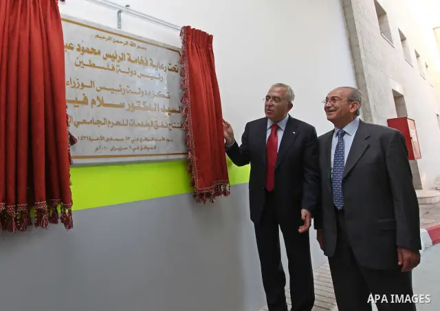 Palestinian Prime Minister Salam Fayyad inaugurates cars tunnel to the campus of Al-Najah National University in the West Bank city of Nablus on June 6, 2010. Photo by Mustafa Abu Dayeh\pool