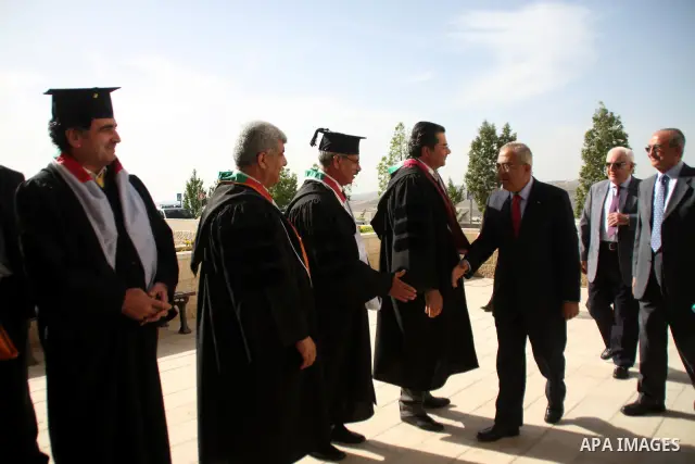 Palestinian Prime Minister Salam Fayyad attends the 33th Graduation Ceremony for students of Al-Najah National University in the West Bank city of Nablus on June 6, 2010. Photo by Wagdi Eshtayah
