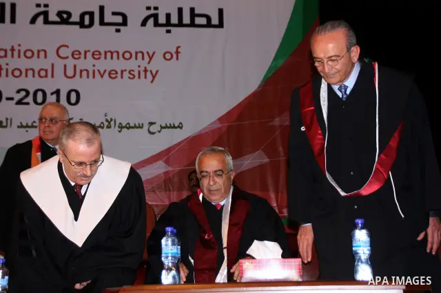 Palestinian Prime Minister Salam Fayyad attends the 33th Graduation Ceremony for students of Al-Najah National University in the West Bank city of Nablus on June 6, 2010. Photo by Wagdi Eshtayah