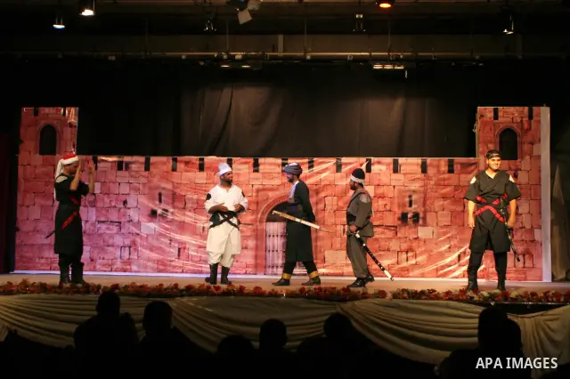 Palestinian actors perform at the Shawwa Theatre a Turkish play appear the Islamic opening for Istanbul, in Gaza City on June 8, 2010.Turkey called for international punishment of Israel for its deadly raid on a Gaza-bou...