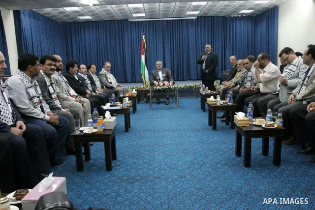Palestinian Prime Minister in Gaza Strip, Ismail Haneya meets the Arab artists delegation in Gaza, June 10, 2010. Arab artists entered Gaza during a visit to Gaza which has been under the Israeli blockade since Hamas sei...