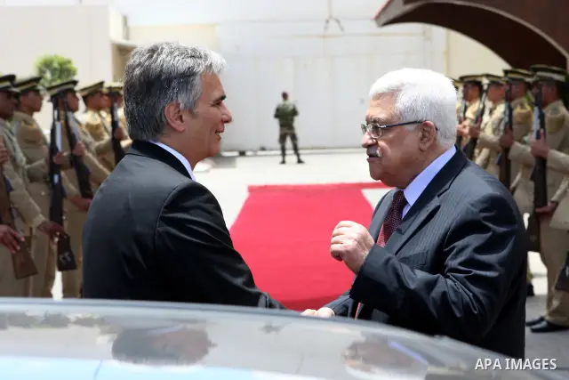 Palestinian President Mahmoud Abbas during a meeting with Austrian Chancellor, Werner Faymann in the West Bank city of Ramallah on June 24, 2010. Photo by Thaer Ganaim