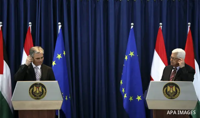 Palestinian President Mahmoud Abbas and Austrian Chancellor Werner Faymann hold a joint news conference in the West Bank city of Ramallah on June 24, 2010. Photo by Eyad Jadallah