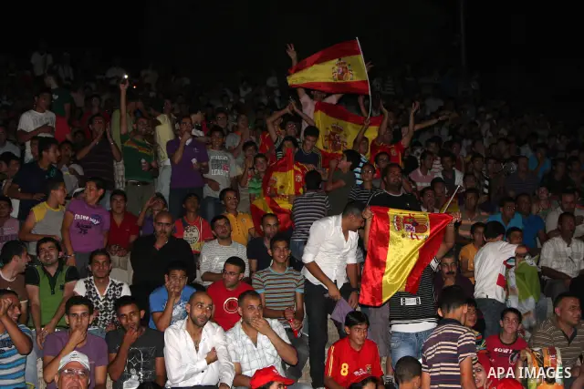 Palestinian fans of Spain celebrates during the semifinal match between Germany and Spain in the West Bank city of Nablus on July 7,2010, the Spanish national soccer team defeated Germany in their South Africa soccer FIF...
