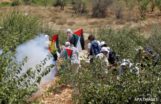 Palestinian and foreign activists run for cover from tear gas canister fired by Israeli soldiers during a demonstration in Beit Omar village, north of Hebron, on July 10, 2010 against Israel's controversial separation ba...