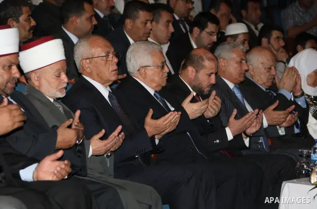 Palestinian President Mahmoud Abbas during a ceremony to mark the anniversary of Alesraa and Almeraj in the West Bank city of Ramallah on July 10, 2010. Photo by Thaer Ganaim