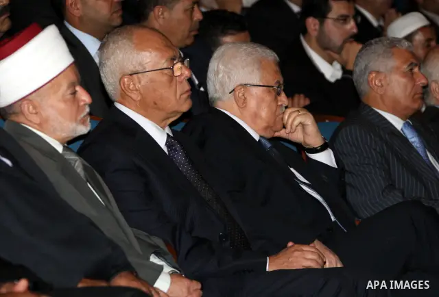 Palestinian President Mahmoud Abbas during a ceremony to mark the anniversary of Alesraa and Almeraj in the West Bank city of Ramallah on July 10, 2010. Photo by Thaer Ganaim