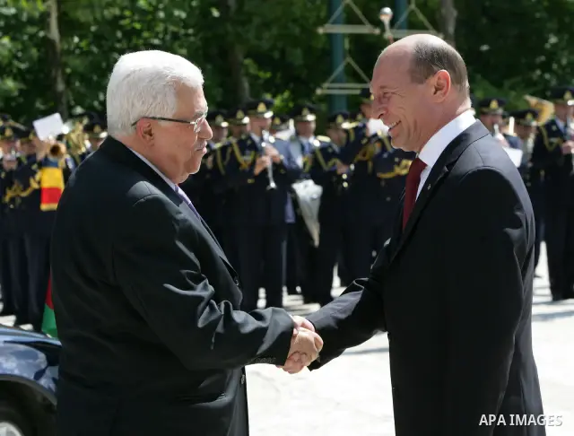 Palestinian President Mahmoud Abbas (Abu Mazen) meets with Romanian President Traian Basescu in Bucharest on July 12,2010. Photo by Thaer Ganaim