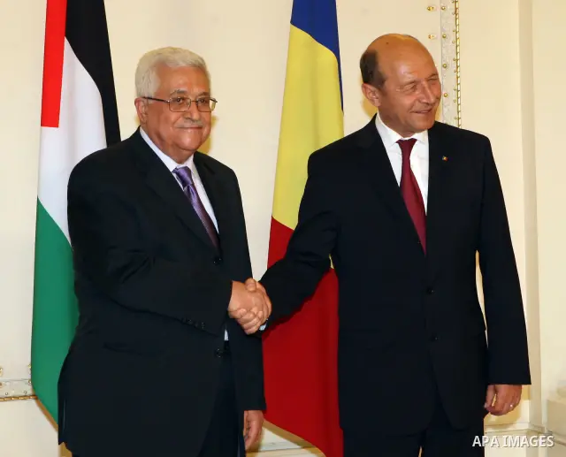 Palestinian President Mahmoud Abbas (Abu Mazen) meets with Romanian President Traian Basescu in Bucharest on July 12,2010. Photo by Thaer Ganaim