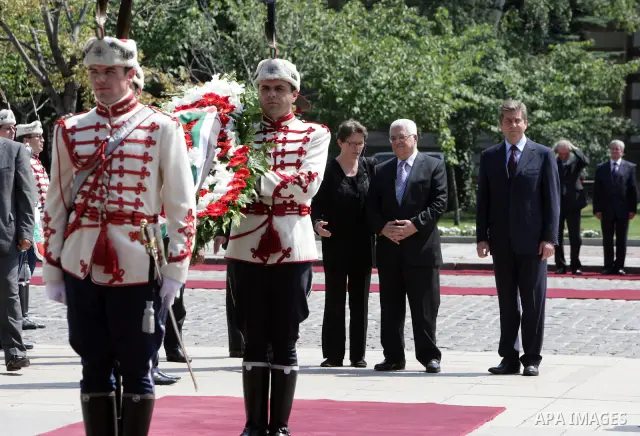 Palestinian President Mahmoud Abbas (Abu Mazen) during lays a wreath at the tomb of the Unknown Soldier in Sofia on July 13,2010. Photo by Thaer Ganaim