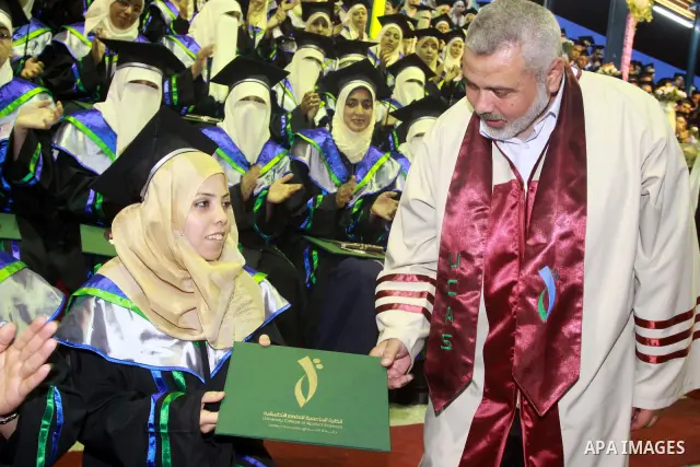 Palestinian Prime Minister in Gaza Strip, Ismail Haniyeh attends the 11th graduating celebration in the College of Applied Sciences in Gaza city on July 14 2010. Photo by Mohammed Asad