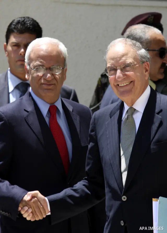 President Barack Obama's special envoy to the Middle East, George Mitchell welcomed by Saeb Erekat, Senior Palestinian negotiator as he arrives in the West Bank town of Ramallah On 17 July 2010, for a meeting with the Pa...