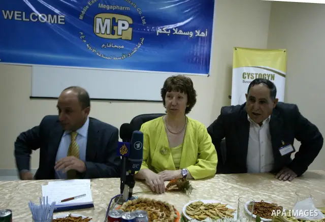 European Union foreign affairs chief Catherine Ashton during a visit to the Middle East Pharmaceuticals company in the Industrial Zone in Beit Hanun in the northern Palestinian Gaza Strip on July 18, 2010. Photo by Ashra...