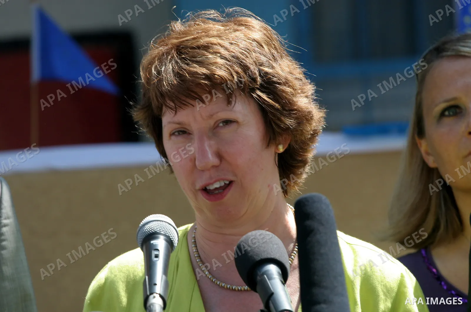 European Union foreign affairs chief Catherine Ashton addresses the media during her visit to a UN-run school in the northern Gaza Strip July 18, 2010 on July. Photo by Mohammed Asad