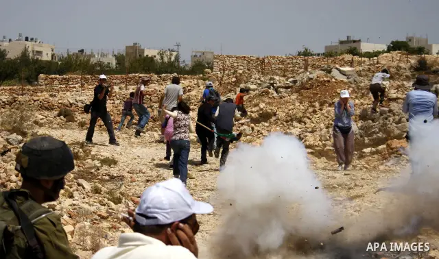 Palestinian and foreign protesters run for cover from tear gas canisters fired by Israeli soldiers during a demonstration against Israel's controversial separation barrier in the village of Beit Omar near Jewish settleme...