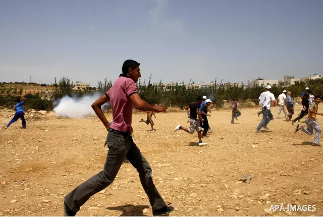 Palestinian and foreign protesters run for cover from tear gas canisters fired by Israeli soldiers during a demonstration against Israel's controversial separation barrier in the village of Beit Omar near Jewish settleme...