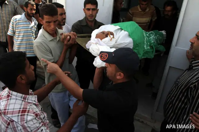 Palestinians carry the body of Ibrahim Abdullah Abu Said, 70, during his funeral in Jebaliya refugee camp, northern Gaza Strip on Sept. 13, 2010. Abu Said was one of three Palestinians killed Sunday when an Israeli tank...